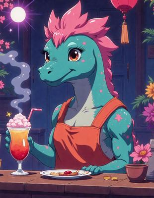 The primary subject of the image is a cartoon character, specifically a dinosaur, sitting at a table with a plate of food in front of her. The setting is a dining area with a table and a potted plant nearby. The visual style is anime or cartoon, which gives the image a whimsical and playful atmosphere. The colors are predominantly shades of pink and blue, which are associated with the dinosaur's appearance.