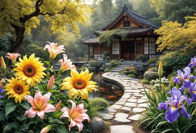 The primary subject of the image is a beautiful garden with a pond, surrounded by a variety of flowers and plants. The garden is situated in front of a traditional Japanese house, which adds a unique cultural touch to the scene. The setting is a serene and picturesque environment, perfect for relaxation and appreciation of nature. The visual style of the image is a combination of photo and digital art, creating a vibrant and lively atmosphere. The colors and mood of the image are predominantly warm and inviting, with