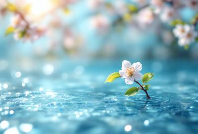 The primary subject of the image is a single white flower floating on top of a body of water, which appears to be a lake. The setting is a serene, natural environment with the water as the main backdrop. The visual style of the image is a combination of photo and digital art, creating a realistic yet artistic representation of the flower in its natural habitat. The colors in the image are predominantly blue, which adds to the overall mood of tranquility and calmness.