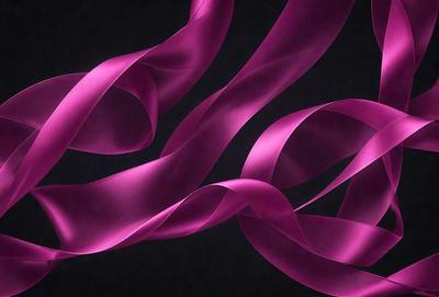 The primary subject of the image is a pink ribbon. The ribbon is wavy and appears to be flowing in the air. The setting is a dark background, which contrasts with the pink ribbon, making it stand out. The visual style of the image is a close-up of the pink ribbon, emphasizing its texture and pattern. The colors and mood of the image are predominantly pink, creating a sense of warmth and elegance.