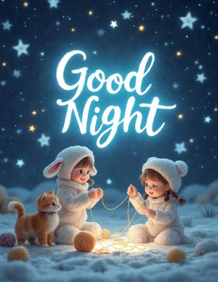 Good Night: A children's book cover featuring two children sitting on a blanket, with a cat and a sheep nearby. The scene is set in a snowy environment, and the visual style is a digital illustration. The primary subject is the two children, and the setting is a cozy, snowy scene. The colors are predominantly white and blue, creating a calm and peaceful atmosphere.
