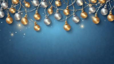 The primary subject of the image is a string of Christmas lights. The lights are hanging from a blue background, creating a festive and holiday atmosphere. The visual style of the image is a digital art or illustration, as the lights are depicted in a detailed and realistic manner. The colors and mood of the image are predominantly blue and festive, as the lights are the main focus and the background is a solid blue color.