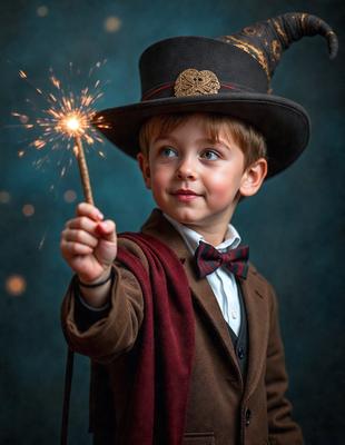 The primary subject of the image is a young boy wearing a wizard's hat and holding a wand. He is smiling and appears to be enjoying the moment. The setting is a dark room with a blue background, which adds a sense of mystery to the scene. The visual style is a close-up of the boy, capturing his facial expression and the details of his outfit. The colors in the image are predominantly dark, with the blue background providing a contrasting element. Overall, the image con