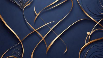 The primary subject of the image is a blue background with gold swirls and patterns. The setting is a dark blue background, and the visual style appears to be a digital art or illustration. The dominant colors are blue and gold, creating a sense of depth and sophistication.