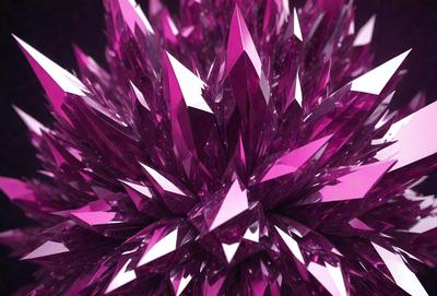 The primary subject of the image is a large, purple crystal structure with many facets and angles. The setting is a dark background, which contrasts with the vibrant purple color of the crystal. The visual style appears to be a combination of digital art and illustration, creating a unique and intricate design. The colors and mood of the image are predominantly purple, giving it a striking and elegant appearance.