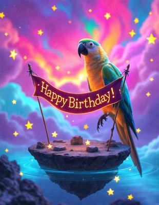 The primary subject of the image is a colorful parrot perched on a rock. The parrot is holding a banner that reads "Happy Birthday!" The setting is a vibrant, colorful background with a purple sky, and the visual style is a digital art or illustration. The colors and mood of the image are lively and cheerful, with the parrot being the main focus of the scene.