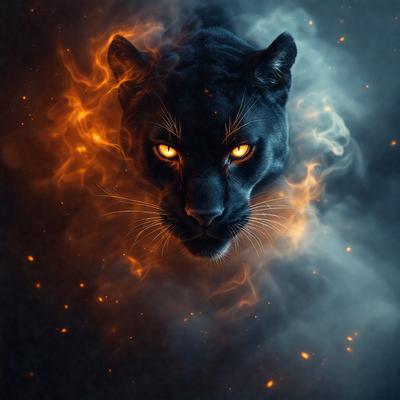 Primary subject: A black panther with glowing eyes and flames in the background.

Setting/background: The panther is in front of a flame-filled background, creating a dramatic and intense atmosphere.

Visual style: The image is a digital art or illustration, featuring a detailed and realistic representation of the panther.

Colors and mood: The dominant colors are black and orange, with the flames adding a sense of warmth and intensity to the scene. The overall m