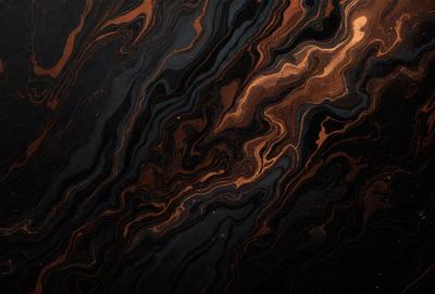 The primary subject of the image is a close-up of a black and orange patterned surface, which appears to be a piece of art or a decorative item. The setting is a dark background, which contrasts with the vibrant colors of the pattern. The visual style of the image is a combination of a photo and a digital art or illustration, as it captures the intricate details of the pattern while maintaining a modern and artistic appearance. The dominant colors in the image are black and orange, creating a bold and