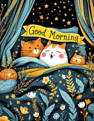 The image features a cute illustration of three cats, two of which are sleeping, and one of which is awake. The cats are positioned in a cozy bed, with one cat lying on top of the other. The scene is set in a dark room, giving it a warm and intimate atmosphere. The illustration is a combination of digital art and hand-drawn elements, creating a visually appealing and charming image.