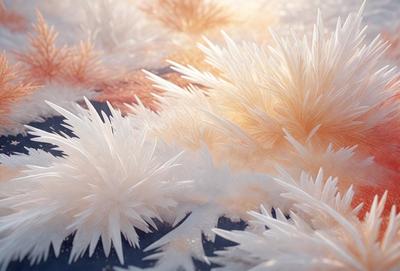 The primary subject of the image is a close-up of a group of white, crystal-like objects, possibly sea urchins or other natural elements. The setting is a dark background, which contrasts with the bright, white objects. The visual style appears to be a combination of a photo and digital art, as the objects are depicted in a detailed and intricate manner. The colors and mood of the image are predominantly white, giving it a clean and serene atmosphere.