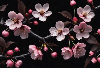 The primary subject of the image is a tree filled with pink flowers. The tree is the main object, scene, or focus of the image. The setting is a dark background, which contrasts with the bright pink flowers. The visual style is a close-up of the tree, showcasing the details of the flowers. The colors and mood of the image are predominantly pink, creating a warm and inviting atmosphere.