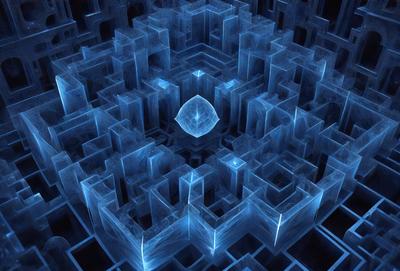 The primary subject of the image is a blue, geometric, and abstract design. The setting is a black background, which contrasts with the blue design. The visual style is a combination of digital art and illustration, creating a unique and intricate pattern. The colors and mood of the image are predominantly blue, giving it a calm and serene atmosphere.