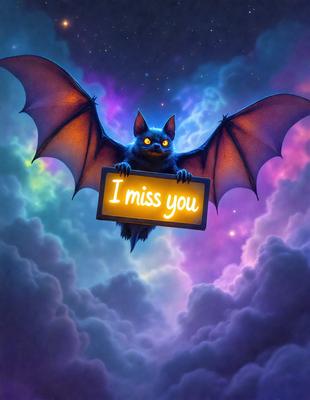 Primary subject: A vampire bat holding a sign that says "I miss you."

Setting/background: The bat is flying through a purple and blue sky, with clouds visible in the background.

Visual style: The image is a digital artwork.

Colors and mood: The colors are predominantly purple and blue, creating a dreamy and whimsical atmosphere.