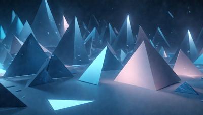 The primary subject of the image is a group of white triangles, which are the main objects in the scene. The setting is a dark, blue-lit environment, creating a moody atmosphere. The visual style appears to be a combination of digital art and illustration, as the triangles are arranged in a visually appealing manner. The colors and mood of the image are predominantly dark and mysterious, with the blue lighting adding to the overall ambiance.