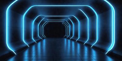 The primary subject of the image is a long, narrow tunnel with a blue light illuminating it. The setting is a dark, enclosed space, and the visual style appears to be a digital art or illustration. The dominant colors are blue and black, creating a moody atmosphere.