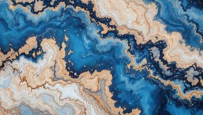 The primary subject of the image is a blue and gold marbled stone. The setting is a blue and gold marbled stone surface, which serves as the background. The visual style is a close-up of the marbled stone, showcasing its unique texture and color patterns. The colors and mood of the image are predominantly blue and gold, creating a sense of elegance and sophistication.
