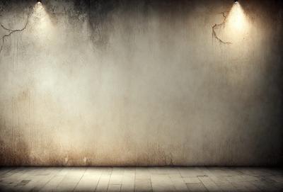 The primary subject of the image is a large, empty white wall. The setting is a room with a wooden floor. The visual style is a photo, and the colors and mood are predominantly neutral, with a slightly dull appearance.