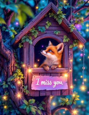 The primary subject of the image is a small red fox sitting inside a birdhouse. The setting is a tree with a birdhouse hanging from it, and the visual style is a digital art illustration. The colors are predominantly red and orange, giving the image a warm and cozy atmosphere.