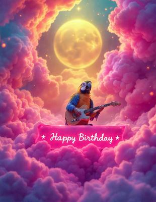 The primary subject of the image is a parrot sitting on a guitar, with a pink background. The visual style appears to be a digital art or illustration, creating a whimsical and playful atmosphere. The colors are predominantly pink, which adds a sense of warmth and joy to the scene.