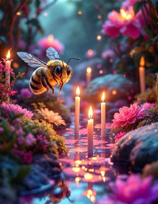 The primary subject of the image is a bee hovering over a candle. The setting is a garden with a pond, and the visual style is digital art. The dominant colors are pink and purple, creating a serene and romantic atmosphere.