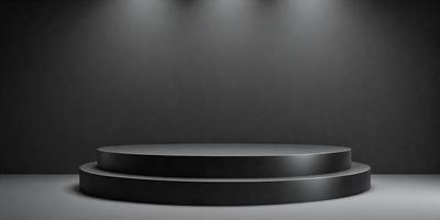 The primary subject of the image is a black stage with a gray background. The stage appears to be empty, with no performers or props visible. The setting is a theater or performance venue, and the visual style is a realistic representation of the stage. The colors and mood of the image are dark and dramatic, creating a sense of anticipation for an upcoming performance.