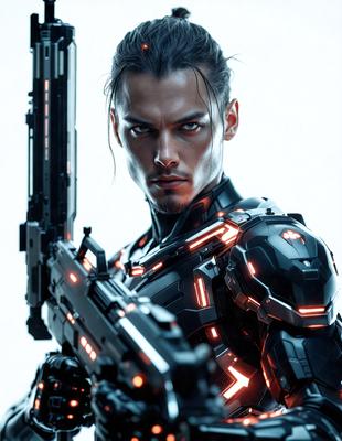 The primary subject of the image is a man dressed in a futuristic outfit, holding a gun. The setting is a white background, which provides a clean and minimalistic environment. The visual style is digital art, as the man is depicted with a digital, glowing appearance. The colors and mood of the image are predominantly dark and futuristic, with the man's outfit and the gun creating a sense of power and authority.