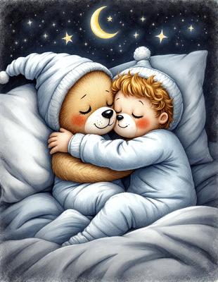 The primary subject of the image is a baby and a teddy bear. The baby is lying in bed, and the teddy bear is hugging the baby. The setting is a bedroom, and the visual style is an illustration. The colors are warm and inviting, creating a cozy and comforting atmosphere.