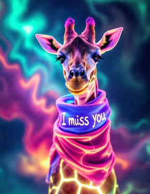 The primary subject of the image is a giraffe with a pink and purple scarf wrapped around its neck. The giraffe is standing in front of a colorful background, which adds to the vibrant and lively atmosphere of the scene. The visual style of the image is a combination of photo and digital art, creating a unique and eye-catching representation of the giraffe. The colors and mood of the image are predominantly pink and purple, giving it a warm and cheerful feel