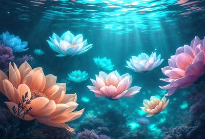 The primary subject of the image is a group of flowers floating in a blue water environment. The setting is underwater, with the flowers appearing to be in a coral reef. The visual style is a combination of photo and digital art, creating a vibrant and lively atmosphere. The dominant colors are blue and orange, with the blue water and orange flowers creating a striking contrast.
