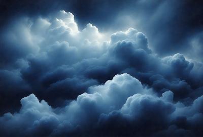 The primary subject of the image is a cloudy sky with a dark blue background. The setting is a cloudy day, and the visual style is a photo. The clouds are the dominant colors and create a moody atmosphere.