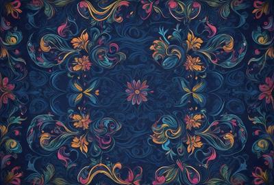The primary subject of the image is a blue and gold floral pattern. The setting is a blue background, and the visual style appears to be a digital art or illustration. The dominant colors are blue and gold, creating a calm and elegant atmosphere.