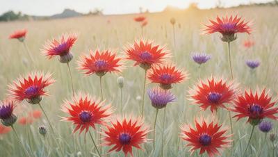 The primary subject of the image is a field of red and purple flowers. The setting is a grassy field with a sunny day, creating a bright and vibrant atmosphere. The visual style is a photo, capturing the beauty of the flowers in their natural environment. The dominant colors are red and purple, with the flowers being the main focus of the image.