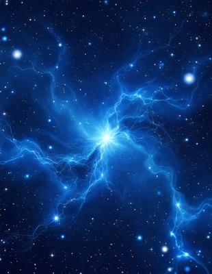 The primary subject of the image is a blue lightning bolt, which is the main object, scene, or focus of the image. The setting or background of the image is a dark, star-filled sky, which adds to the overall atmosphere. The visual style of the image is a digital art or illustration, as it is a well-crafted and detailed representation of the lightning bolt. The colors and mood of the image are predominantly blue, with the lightning bolt being the most prominent and eye-