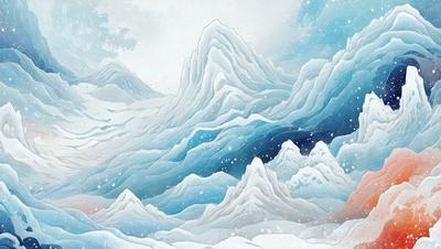 The primary subject of the image is a snowy mountain range with a blue sky in the background. The setting is a winter landscape, and the visual style is a combination of digital art and illustration. The dominant colors are blue and white, creating a serene and cold atmosphere.