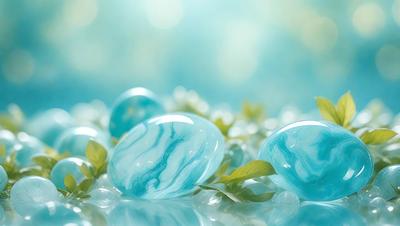The primary subject of the image is a group of three blue glass eggs. The setting is a blue background, which creates a serene and calming atmosphere. The visual style is a photo, capturing the beauty of the blue glass eggs in their natural environment. The colors and mood of the image are predominantly blue, giving it a peaceful and tranquil feel.