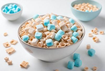 The primary subject of the image is a bowl filled with marshmallows. The marshmallows are white and blue, and they are arranged in a visually appealing manner. The setting is a white surface, which provides a clean and simple backdrop for the bowl of marshmallows. The visual style of the image is a close-up of the bowl, allowing the viewer to appreciate the details of the marshmallows. The colors and mood of the image are bright and