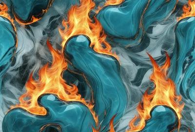 The primary subject of the image is a blue and orange fire pattern, which is a digital artwork. The setting is a blue and orange background, and the visual style is a combination of digital art and illustration. The dominant colors are blue and orange, creating a vibrant and energetic atmosphere.