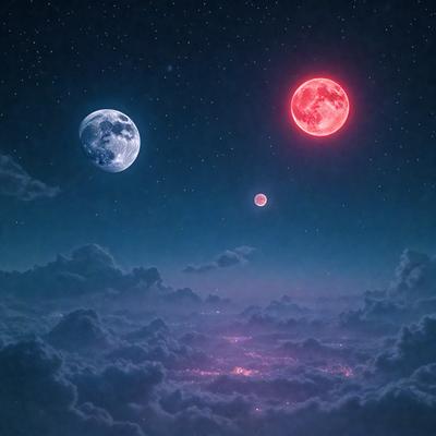 The primary subject of the image is a night scene featuring two moons and two planets. The setting is a cloudy sky, and the visual style is a digital art or illustration. The dominant colors are purple and red, creating a dramatic and atmospheric mood.