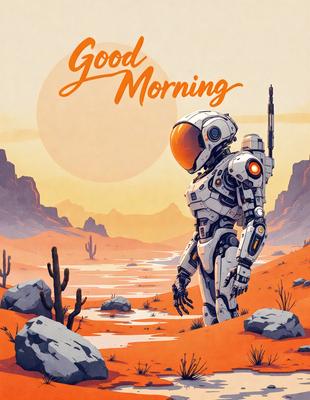 The primary subject of the image is a robot standing in a desert-like environment. The robot is wearing a white suit and has a space helmet on its head. The setting is a rocky, desert-like landscape with a sun in the background. The visual style of the image is a digital art or illustration, giving it a futuristic and surreal appearance. The colors and mood of the image are predominantly orange and red, creating a warm and vibrant atmosphere.