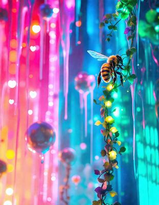 The primary subject of the image is a bee perched on a branch with purple and blue lights in the background. The setting appears to be a colorful and vibrant environment, possibly a digital art or illustration. The visual style suggests a creative and artistic approach to the scene. The colors and mood of the image are predominantly purple and blue, giving it a calm and serene atmosphere.