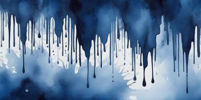 The primary subject of the image is a painting of a mountain with dripping paint, giving it a watercolor effect. The setting is a dark blue background, which contrasts with the dripping paint. The visual style is a watercolor painting, and the colors and mood are dominated by the dark blue background and the dripping paint, creating a moody and artistic atmosphere.