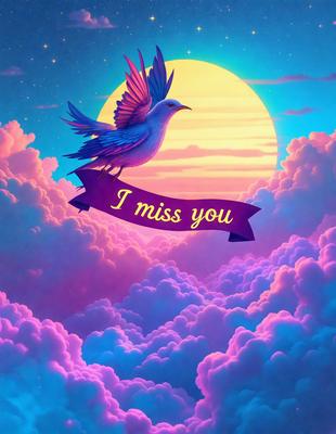 The primary subject of the image is a bird, which is perched on a cloud. The bird is wearing a necklace and is surrounded by a pink and purple sky. The setting is a cloudy sky, and the visual style is digital art. The colors and mood of the image are vibrant and whimsical, creating a sense of playfulness and freedom.