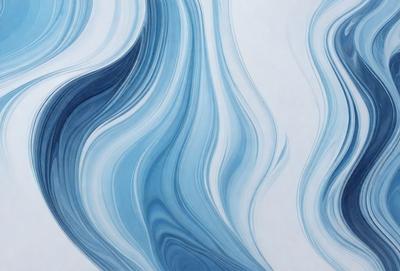 The primary subject of the image is a blue and white painting of a wave. The setting is a white wall, and the visual style appears to be a digital art or illustration. The dominant colors in the painting are blue and white, creating a calming and serene atmosphere.