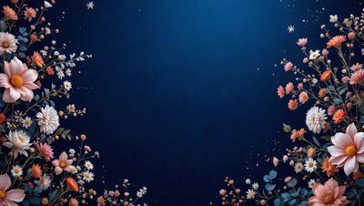 The primary subject of the image is a blue background with a white flower pattern. The setting is a dark blue sky, and the visual style is a digital art or illustration. The dominant colors are blue and white, creating a calm and serene atmosphere.