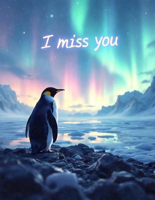 The primary subject of the image is a penguin standing on a rocky surface. The setting is a snowy environment with a beautiful sky in the background. The visual style is a digital art, creating a unique and captivating scene. The colors and mood of the image are predominantly cold and icy, with the penguin being the focal point amidst the snowy landscape.