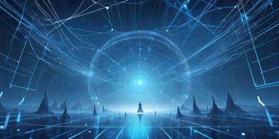 The primary subject of the image is a person standing in a blue, circular, and illuminated space. The setting appears to be a futuristic environment, possibly a space station or a planetarium. The visual style of the image is digital art, with a blue and purple color scheme that creates a sense of depth and mystery. The overall atmosphere of the image is one of wonder and exploration, as the person stands in the middle of this captivating and otherworldly space.