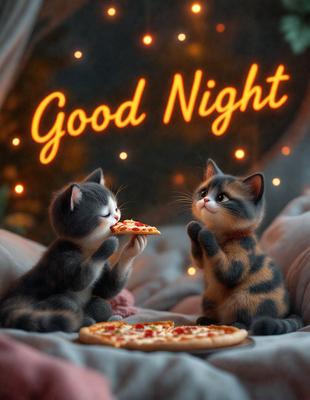 The image features two cats sitting on a bed, each holding a slice of pizza. The cats are positioned close to each other, with one cat on the left side and the other on the right side of the bed. The pizza slices are placed in front of them, and the scene appears to be a playful and cozy moment between the two cats.