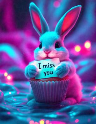 The primary subject of the image is a bunny holding a sign that reads "I miss you." The setting is a purple background, which adds a unique and vibrant touch to the scene. The visual style appears to be a combination of photo and digital art, creating a whimsical and heartwarming atmosphere. The dominant colors are purple and pink, which evoke feelings of love and nostalgia.