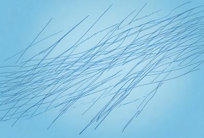 The primary subject of the image is a blue background with a pattern of long, thin, blue lines. The setting appears to be a white wall, and the visual style is a digital art or illustration. The dominant colors are blue and white, creating a calm and serene atmosphere.