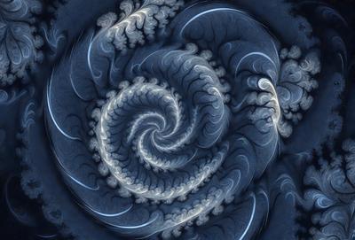 The primary subject of the image is a spiral pattern, which is the main object, scene, or focus of the image. The spiral pattern is set against a blue background, giving it a vibrant and dynamic appearance. The visual style of the image is a combination of photo and digital art, creating a unique and eye-catching design. The dominant colors in the image are blue and white, which contribute to the overall atmosphere of the spiral pattern.